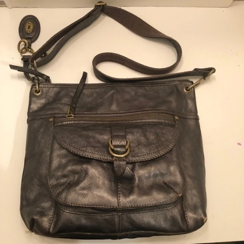 Fossil dark silver messenger bag